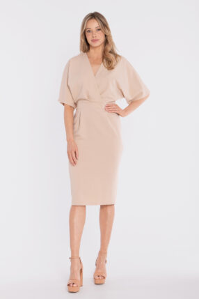 Sukienka midi NOELLE z kopertowym dekoltem - beżowa
